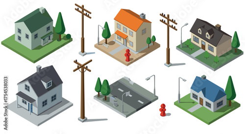 Isometric suburban neighborhood with houses and streetscape elements