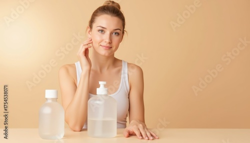 Young woman applying skincare product at home with bottles