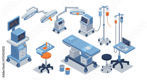 Modern isometric medical equipment set with surgical tools and hospital furniture