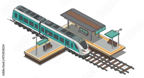 Modern isometric train station platform with commuter train and seating area
