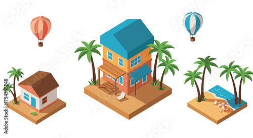 Isometric tropical beach houses and hot air balloons with palm trees