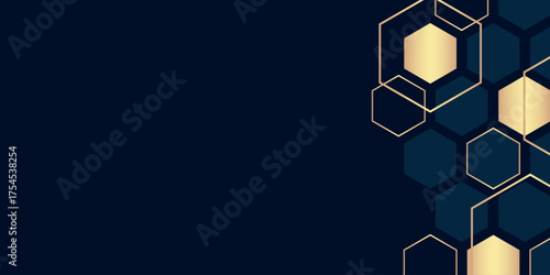 Dark blue abstract background with luxurious hexagonal shapes and golden lines. Golden hexagon style background concept for posters, flyers, banners, brochures and covers. VOL. 3