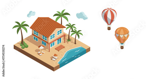 Isometric tropical beach house with palm trees and hot air balloons in the sky