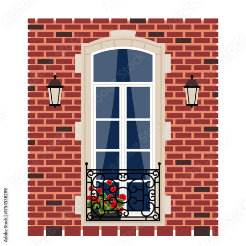 French-style window with a small balcony and a wrought-iron railing, drawn in a flat style and highlighted on a white background. traditional French window, a detail of a national French house. stock 