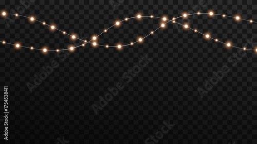 Glowing Christmas lights and garlands isolated on transparent transparent dark background. Bright glowing lamps for holiday design, poster, card, banner or web decoration. Vector illustration of festi
