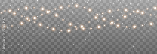 Glowing Christmas lights and garlands isolated on transparent transparent dark background. Bright glowing lamps for holiday design, poster, card, banner or web decoration. Vector illustration of festi