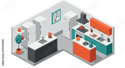Modern isometric kitchen design with appliances and decor in bright colors