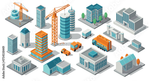 Isometric cityscape with modern buildings, construction crane, and vehicles