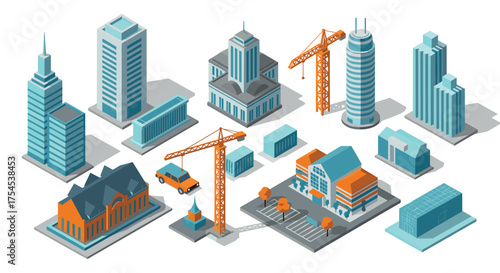 Urban cityscape isometric design with modern buildings and construction cranes
