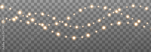 Golden glowing garlands on a transparent background for winter holidays, Christmas, New Year, Vector illustration in a bright glowing style.