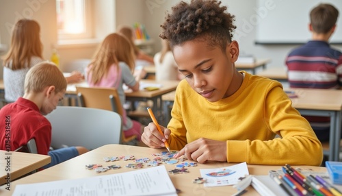 Child working on a puzzle in a classroom setting