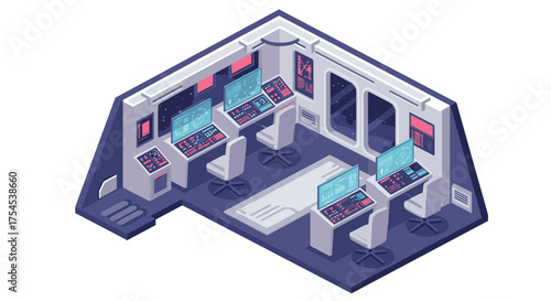 Isometric spaceship control room with futuristic consoles and monitors