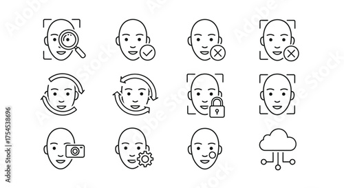 Face recognition and identification line icons isolated on white background