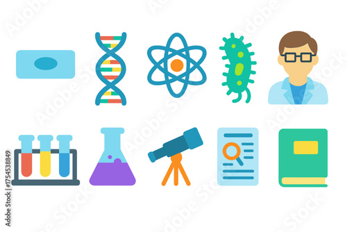 Science and education flat icon set. Chemistry, biology, physics, learning icons collection