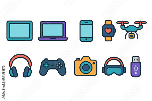 Technology devices flat icon set. Gadgets and electronics icons collection.