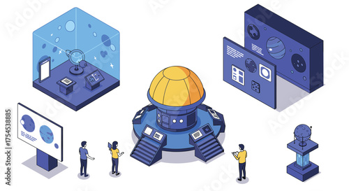 Isometric space exhibition with interactive displays and planet models