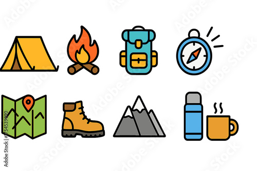 Camping, outdoors flat icon set. Adventure, hiking, travel essentials flat icons