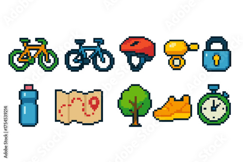 Cycling and outdoor pixel icon set. Bike, helmet, map pixel art icon collection