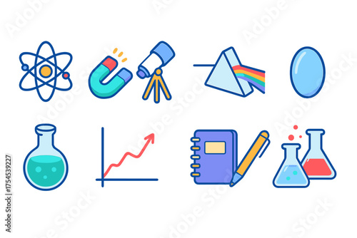 Science and education flat icon set. Learning and research icon collection