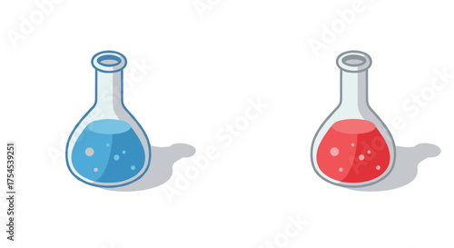 Colorful isometric laboratory flasks with blue and red liquid