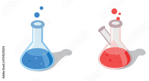 Isometric chemistry lab flasks with colorful liquids and bubbles