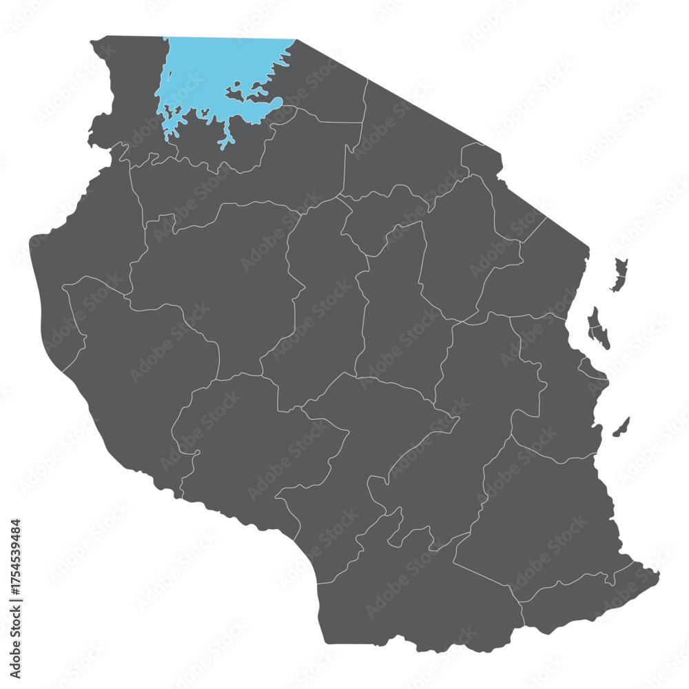Obraz premium Tanzania map regions with Victoria Lake. Map of Tanzania regions in grey color