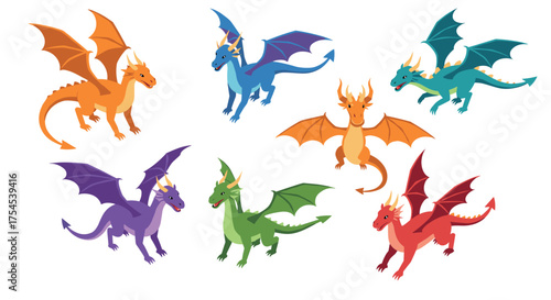 Colorful cartoon dragons collection with various wing styles and poses