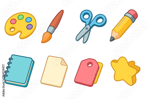 Art and craft icon set in flat style. Creativity, design, tools, pencil, palette icons.