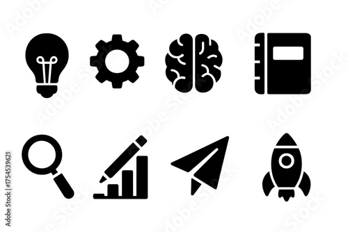 Business and science solid icon set. Innovation, technology symbols collection.