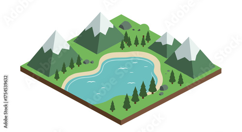 Tranquil isometric mountain lake scene with snowy peaks and pine trees
