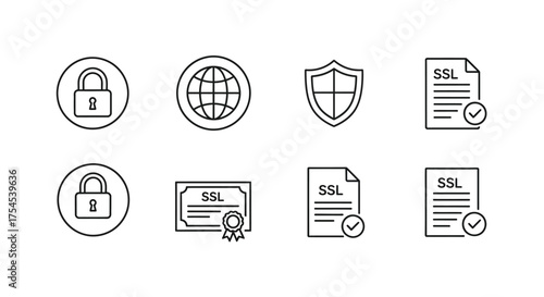 Ssl certificate icon set isolated on white background