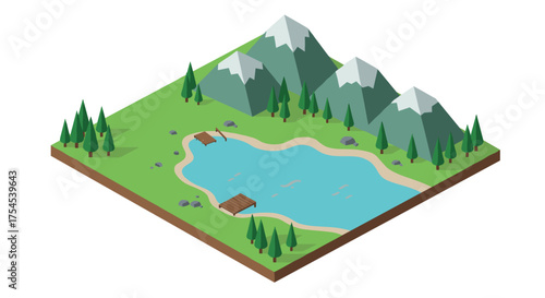 Tranquil isometric mountain lake with pine trees and snowy peaks