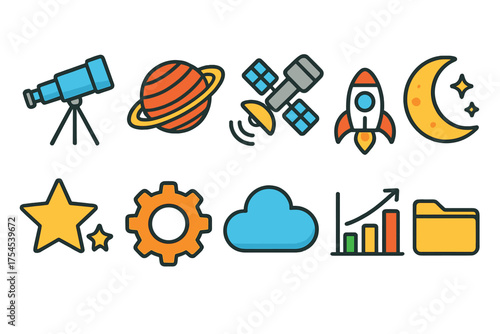 Science and technology icon set: outline icons for space, astronomy, data, and more