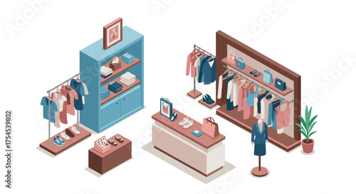Isometric clothing boutique display with shelves, racks, and accessories in modern retail design