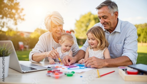 Grandparents and grandchildren drawing together outdoors
