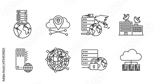 Set of global network and server icons isolated on white background
