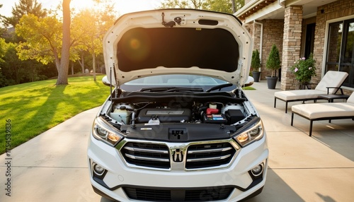 Car engine maintenance with hood open in residential area