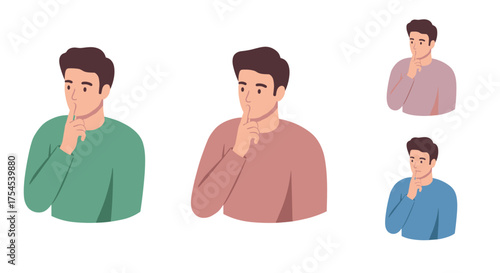 Thoughtful character in various colorful outfits with hand on chin gesture