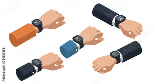 Isometric wristwatch display on diverse hands in business attire