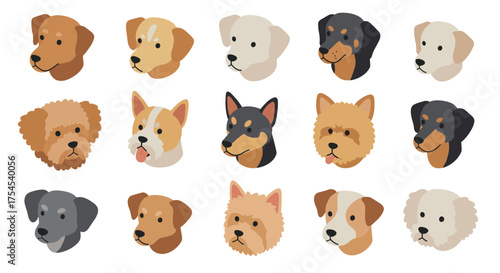 Colorful dog faces collection featuring various breeds in a flat cartoon style