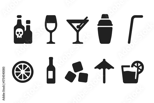 Drinks and cocktails silhouette icon set. Beverage, bar, party icons in silhouette style.