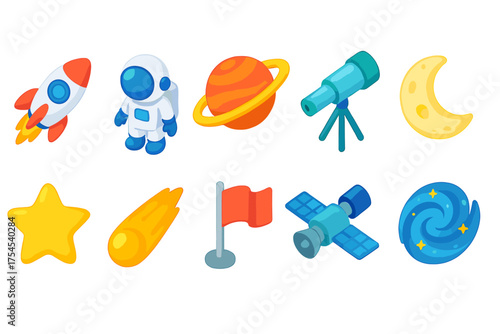 Space exploration flat icon set. Astronaut, rocket, planet and celestial objects icons.