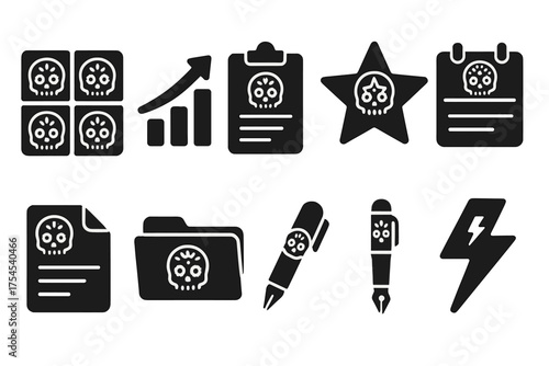 Day of the dead solid icon set featuring skulls and festive elements