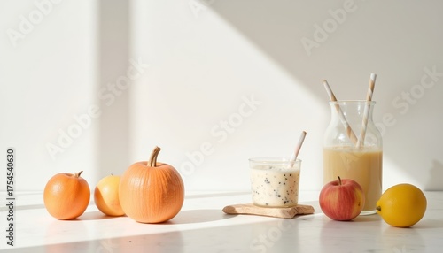 Fresh fruits and pumpkin with juice in a bright kitchen setting