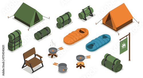 Isometric camping essentials: tents, backpacks, and gear in modern design