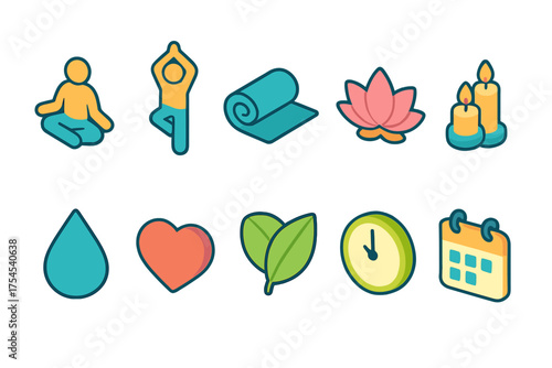 Wellness, yoga flat icon set. Meditation, health lifestyle symbols collection