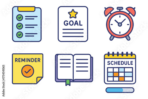 Set of colorful icons representing planning goals time management and productivity tasks