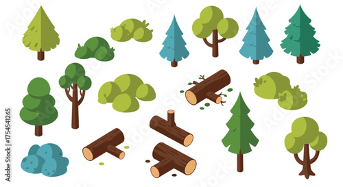 Colorful forest elements: trees, bushes, logs in flat design for nature illustrations