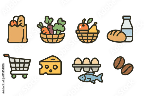 Grocery, organic flat icon set. Market, food shopping icons flat collection