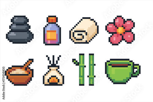 Pixel art wellness icon set. Spa relaxation pixelated icons collection